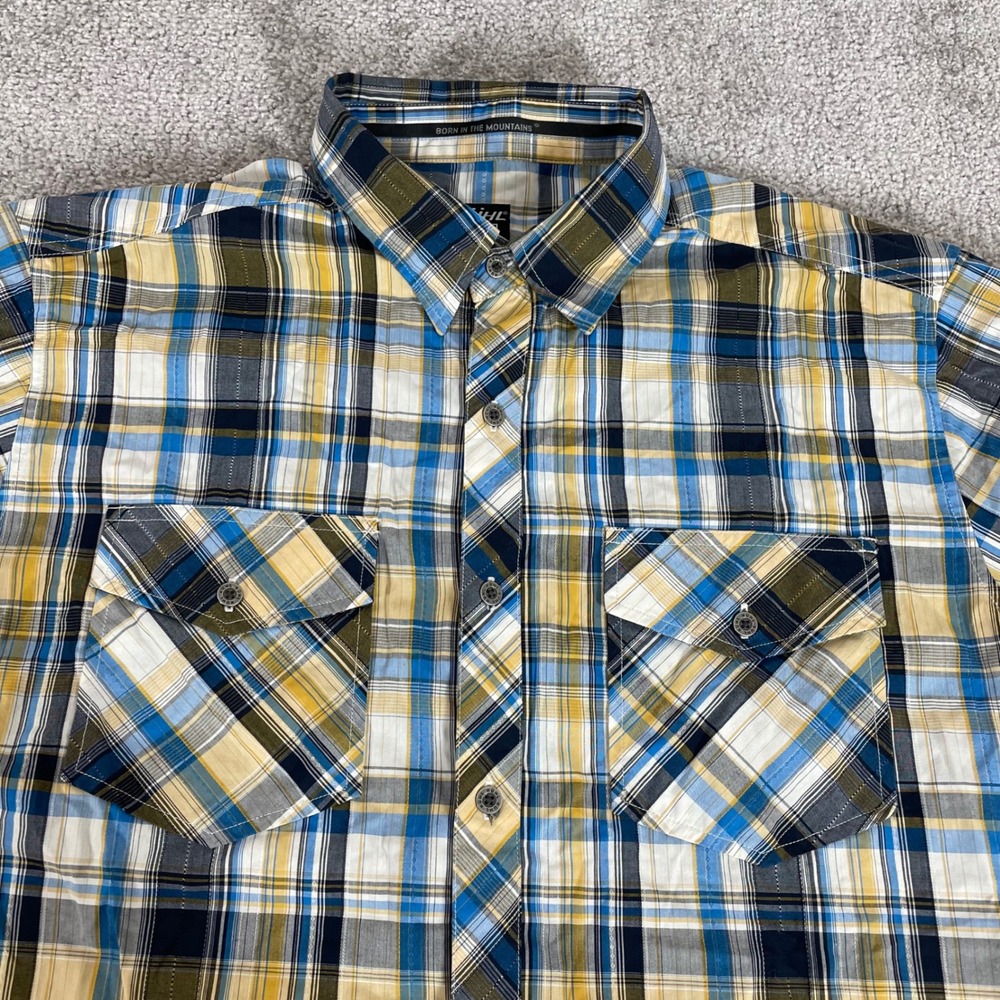 Kuhl Button Up Shirt Mens Large Suncel Short Sleeve Plaid Blue Yellow
